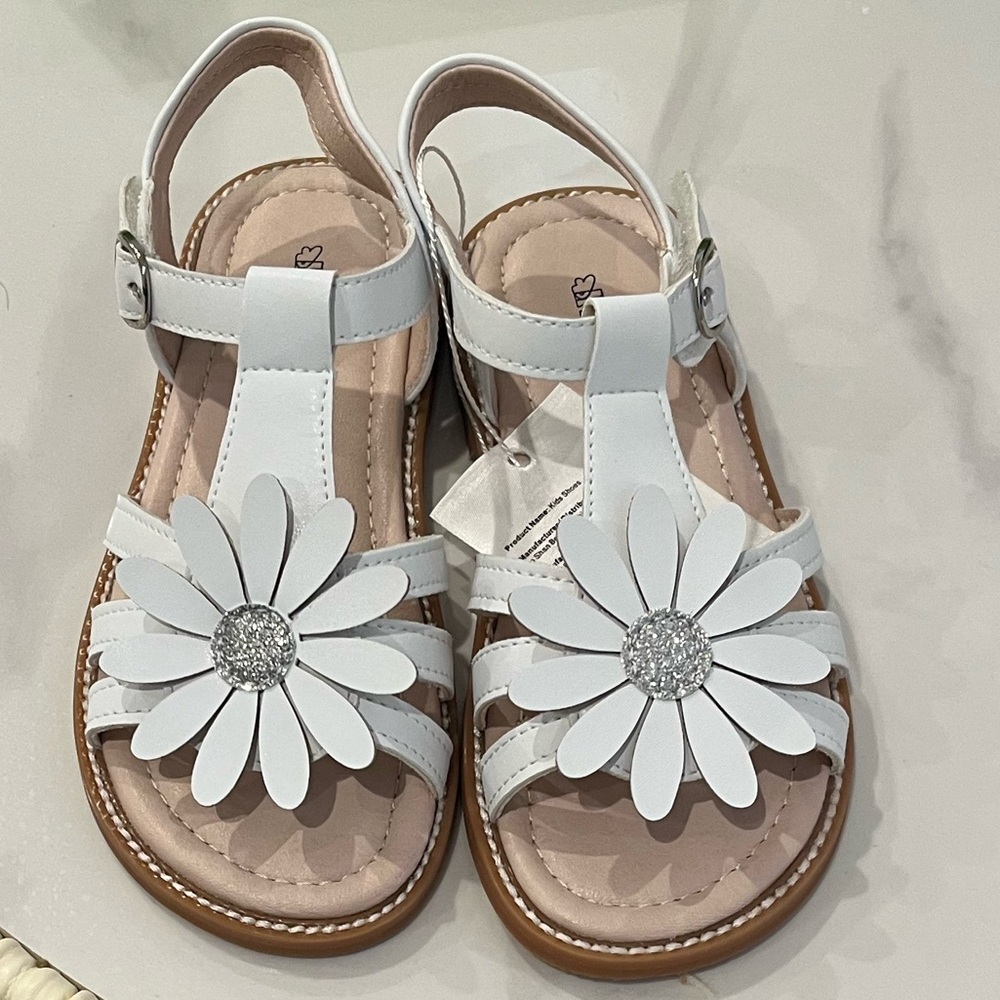 Kids White Daisy T-Strap Sandals